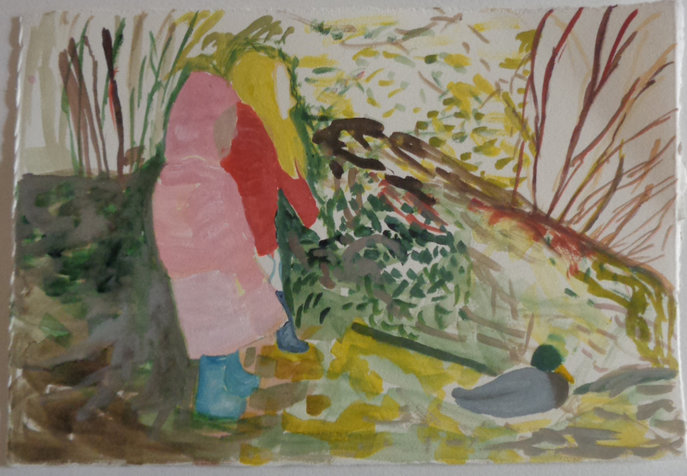 two girls after a duck 19X28 cm