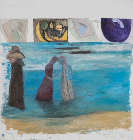  on the beach, oil ond collage on canvas,  97X104 cm, 2020 